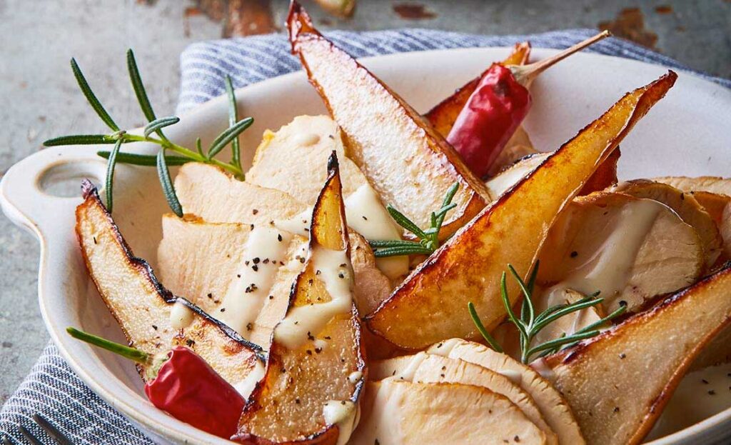 Grilled Chicken with Rosemary, Pears and Cheese
