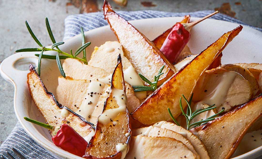 Grilled Chicken with Rosemary, Pears and Cheese